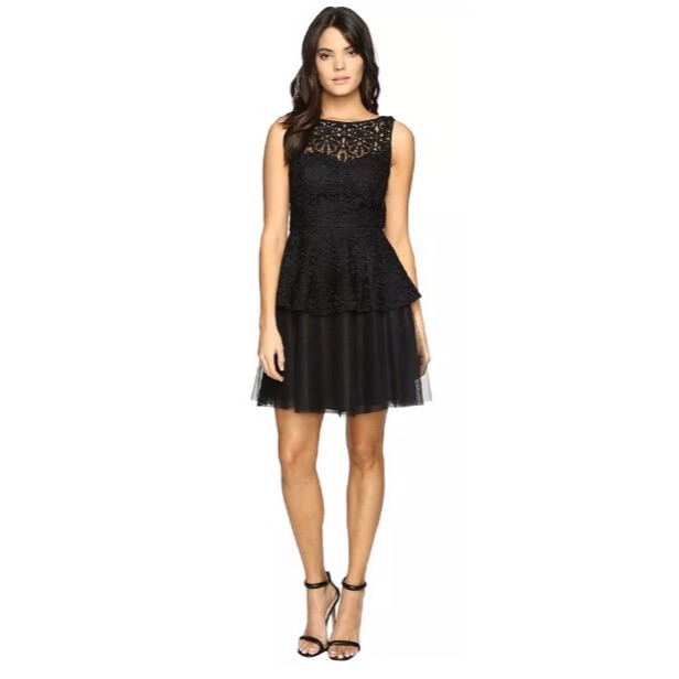 Adrianna Papell Women’s Black Lace And Tulle Sleeveless Peplum Dress